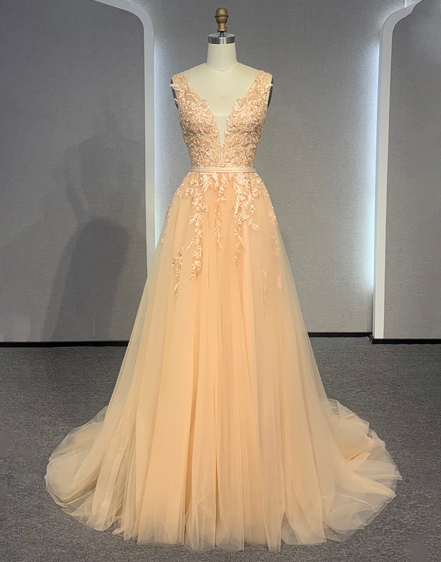 Luolandi V Neck A Line Ivory Wedding Dress With Appliques Floor Length Beautiful Prom Dresses
